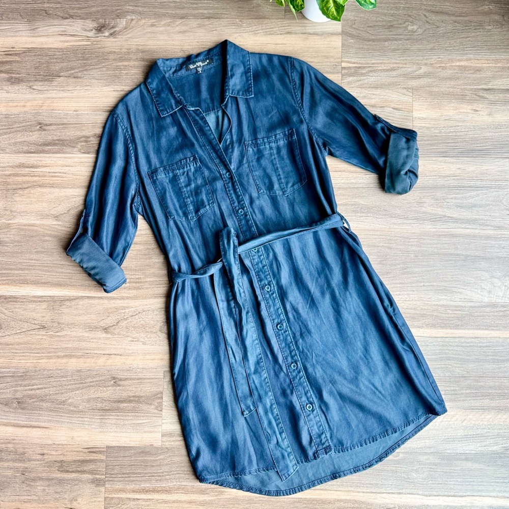 Everyday Minimalist Small Midi Shirt Dress Tie Waist Blue Chambray‎
